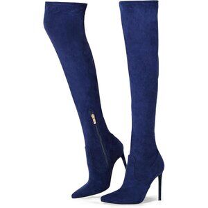 Women Navy Blue Suede Pointed Toe 4.3 inch Stilettos Thigh High Heels Boots